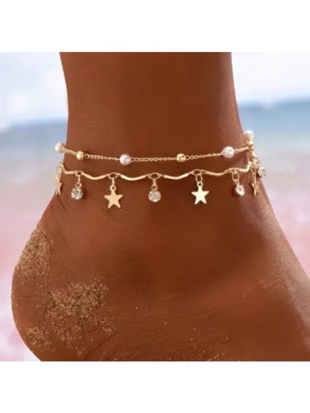 Diamond Star and Pearl Gold Toned Anklet Set
